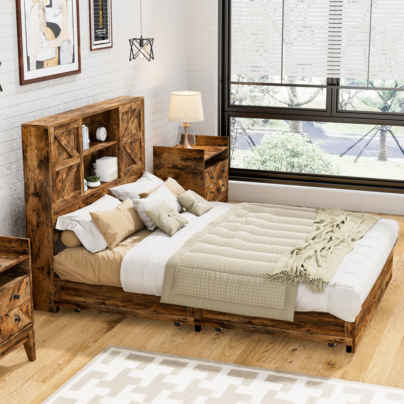 Athie Bed Frame with Sliding Barn Door Bookcase Headboard 4 Storage Drawers Queen Size